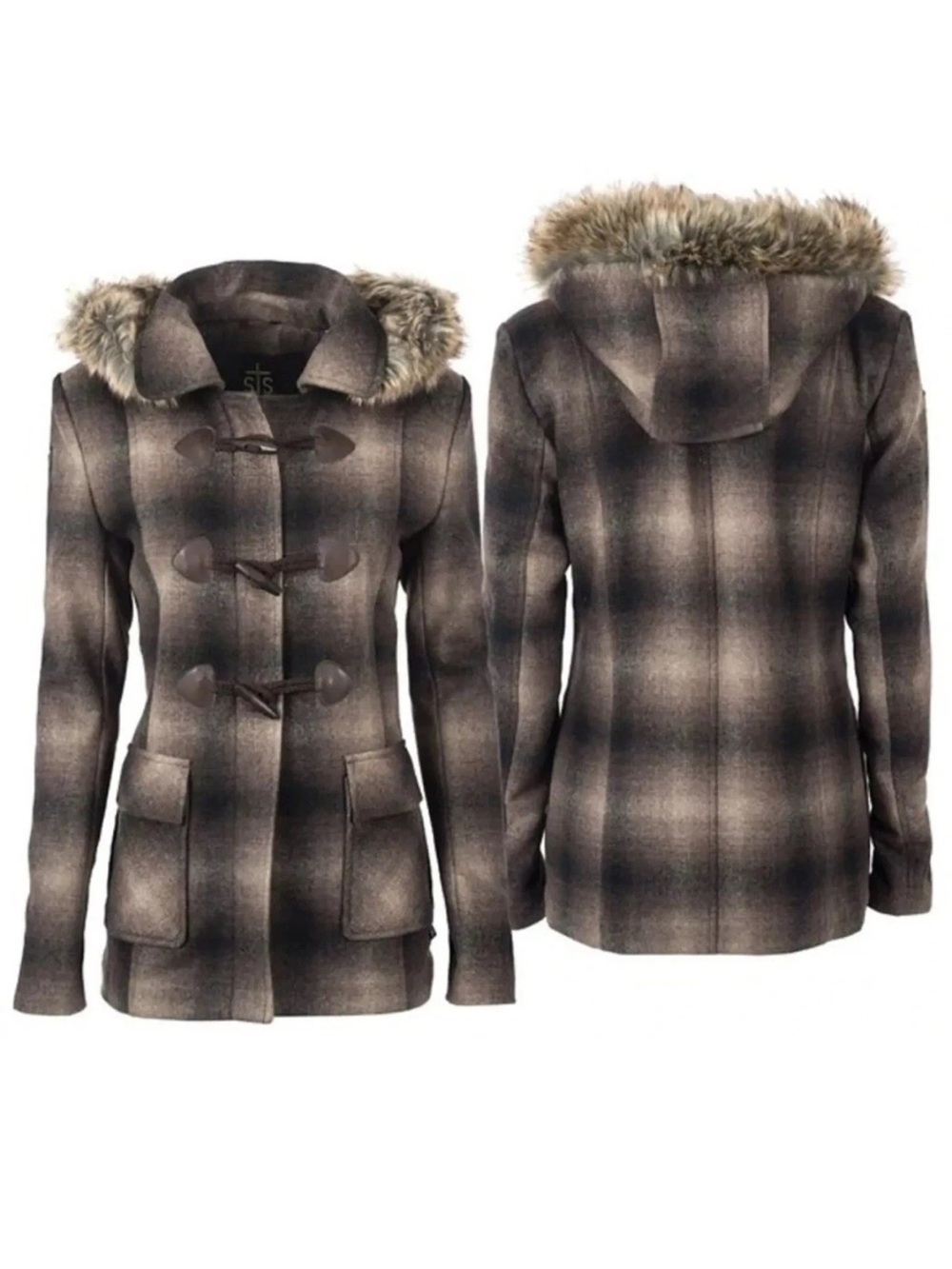 STS Ranchwear "Tell Texas" Plaid Wool Toggle Coat XL